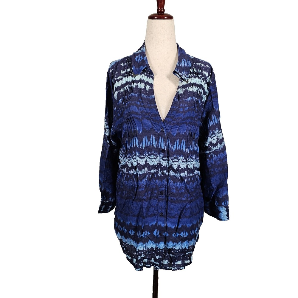Vintage America Blue Tie Dye Boho Hippie Casual Button Down Shirt Womens Large